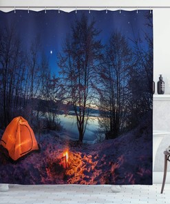 Blue Orange Tent In Winter Camp At Night Nature Exploration Trekking Image Camper Shower Curtain