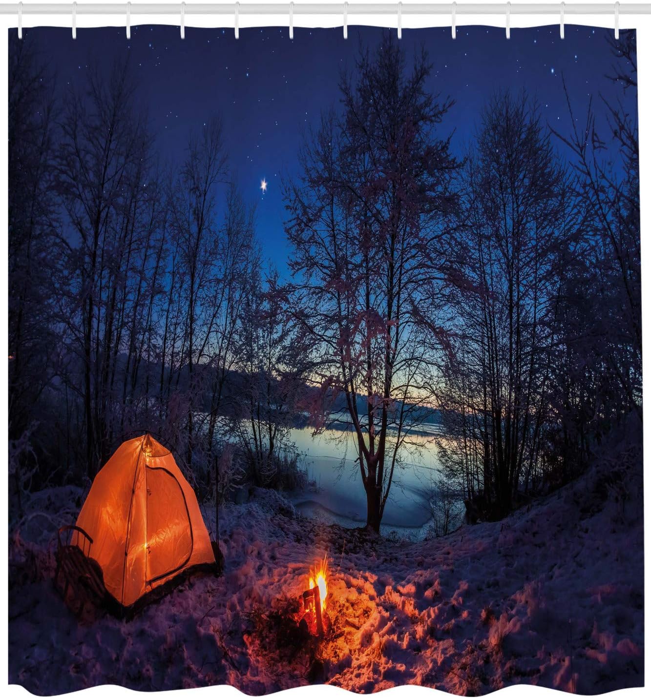 Blue Orange Tent In Winter Camp At Night Nature Exploration Trekking Image Camper Shower Curtain - Image 2