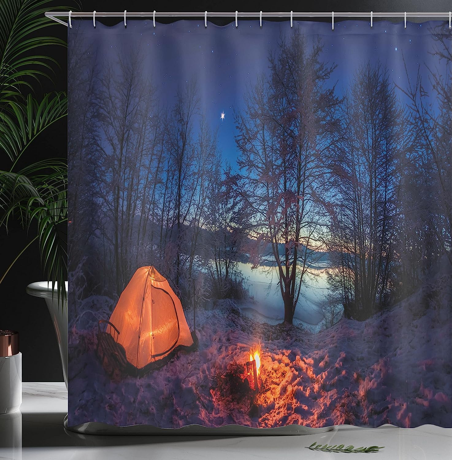 Blue Orange Tent In Winter Camp At Night Nature Exploration Trekking Image Camper Shower Curtain - Image 3
