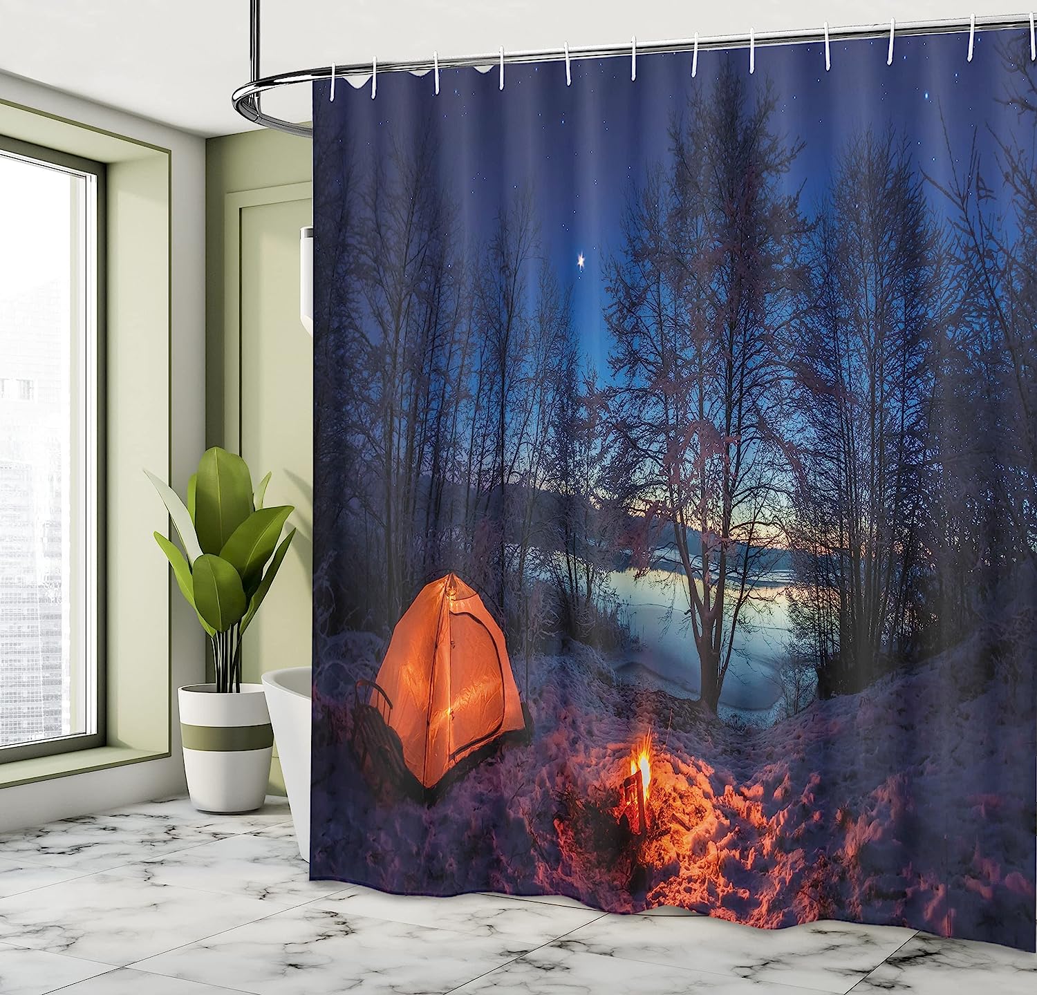 Blue Orange Tent In Winter Camp At Night Nature Exploration Trekking Image Camper Shower Curtain - Image 4