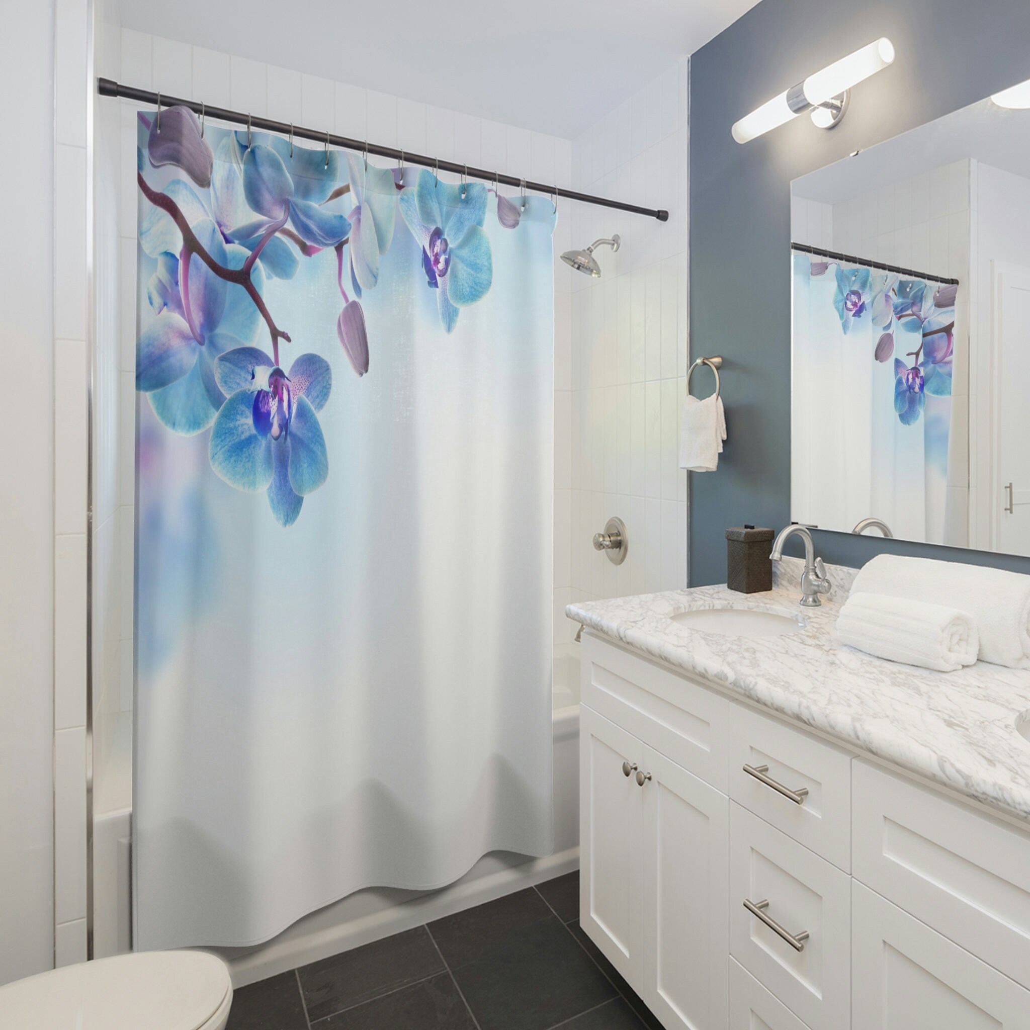 Blue Orchid Shower Curtain, Spring Decor, Gift For Mom, Housewarming Gift, Spring Flowers - Image 2