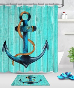 Blue Painted Shipping Anchor Waterproof Shower Curtain With Nautical Theme