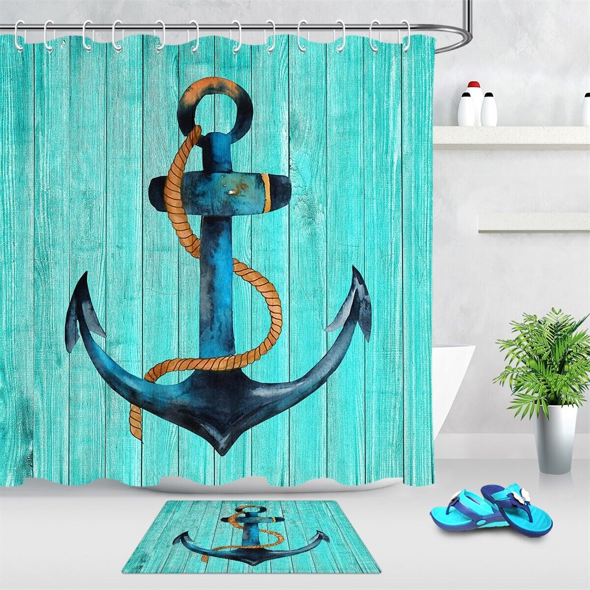 Blue Painted Shipping Anchor Waterproof Shower Curtain With Nautical Theme