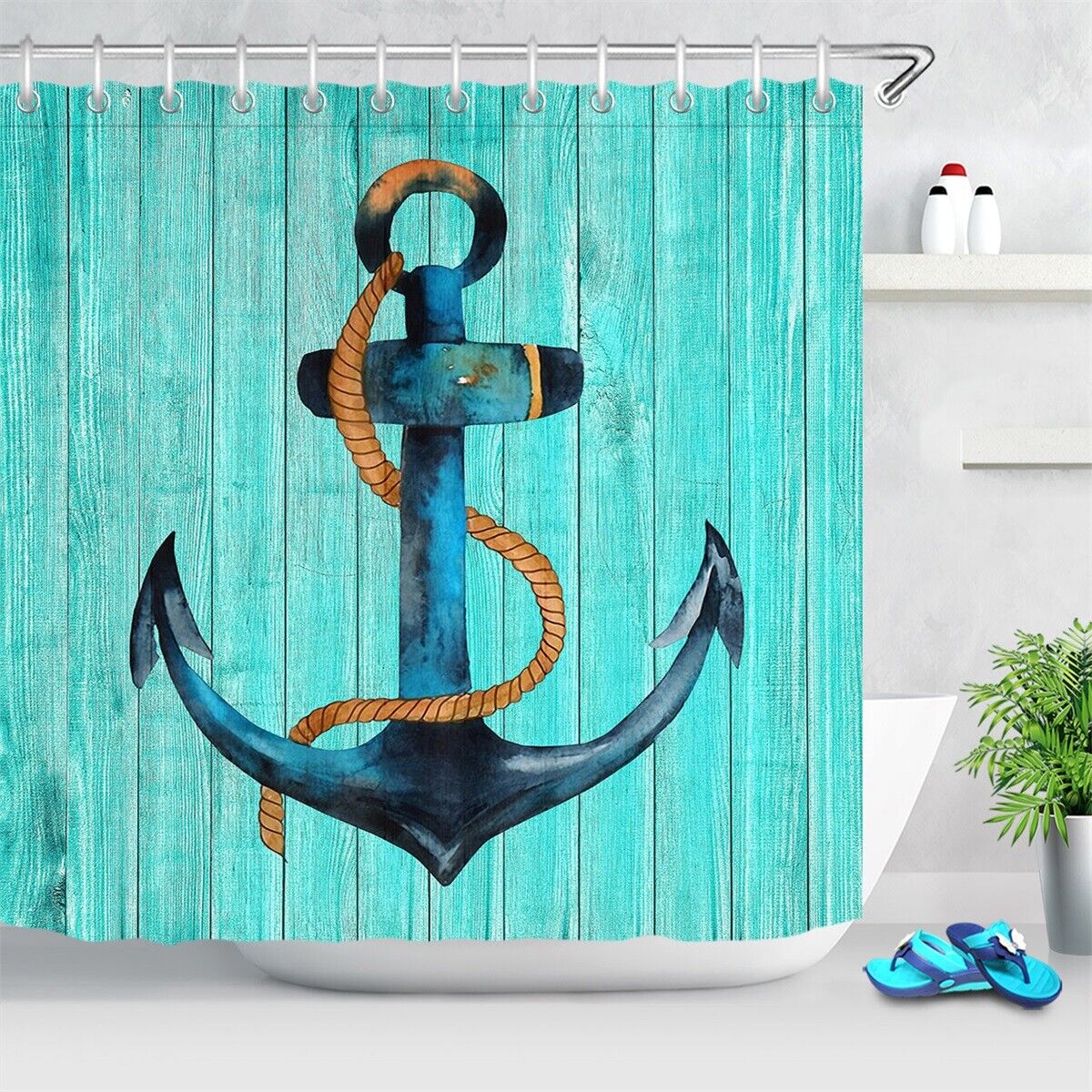Blue Painted Shipping Anchor Waterproof Shower Curtain With Nautical Theme - Image 2