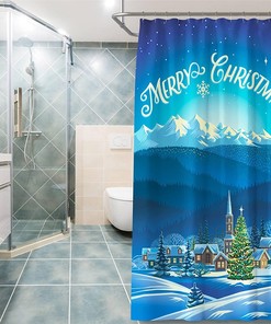 Blue Pattern Trees Snowflake Shower Curtain For Bathroom, Snowy Houses