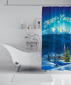 Blue Pattern Trees Snowflake Shower Curtain For Bathroom, Snowy Houses