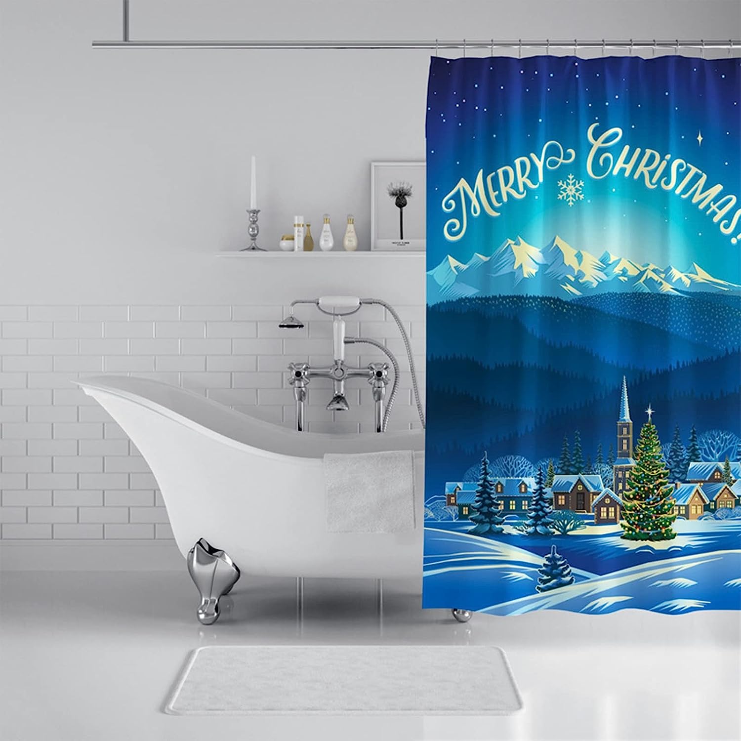 Blue Pattern Trees Snowflake Shower Curtain For Bathroom, Snowy Houses
