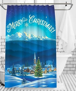 Blue Pattern Trees Snowflake Shower Curtain For Bathroom, Snowy Houses