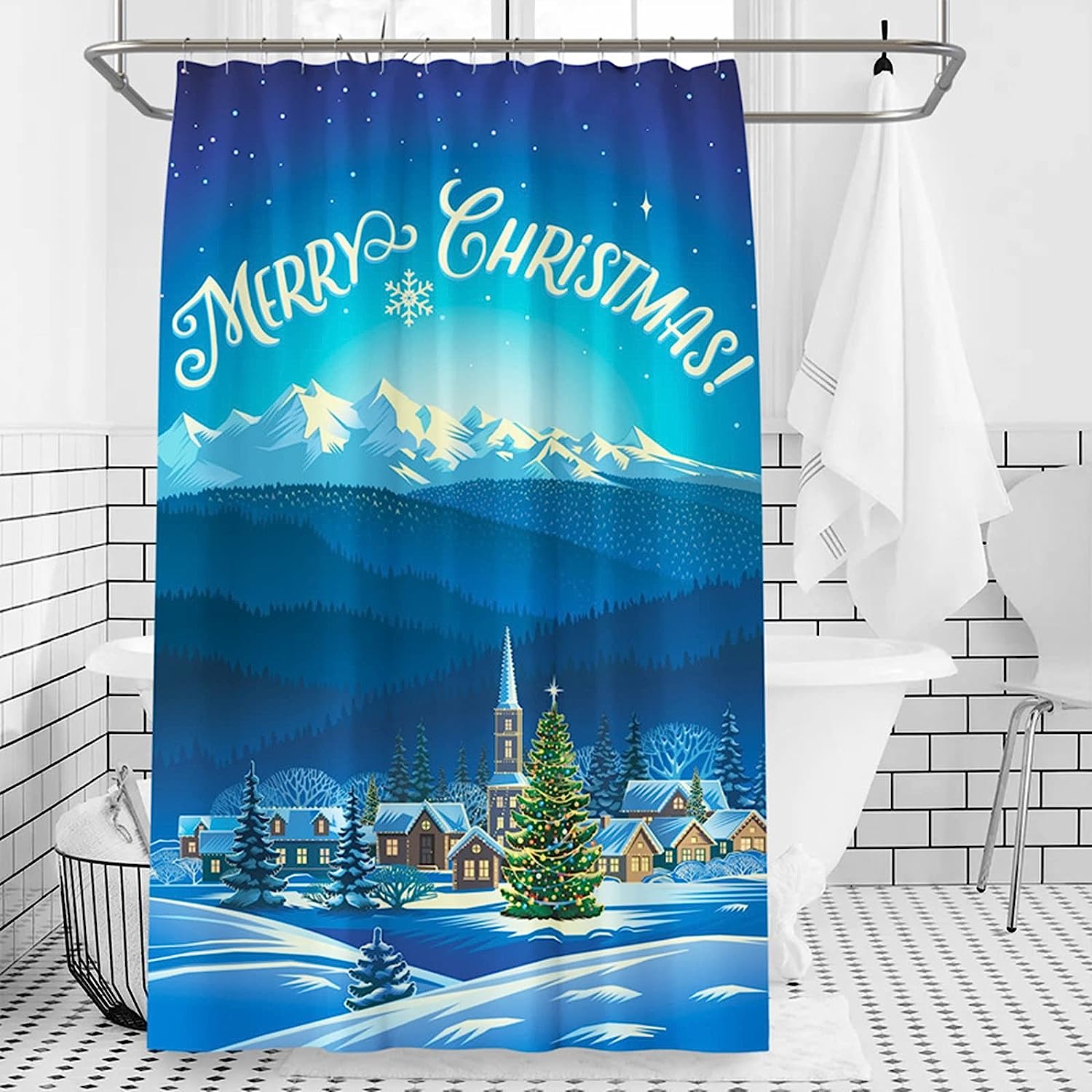 Blue Pattern Trees Snowflake Shower Curtain For Bathroom, Snowy Houses