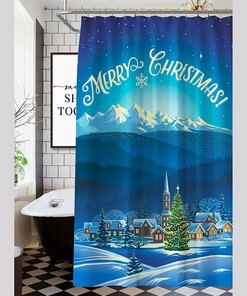 Blue Pattern Trees Snowflake Shower Curtain For Bathroom, Snowy Houses