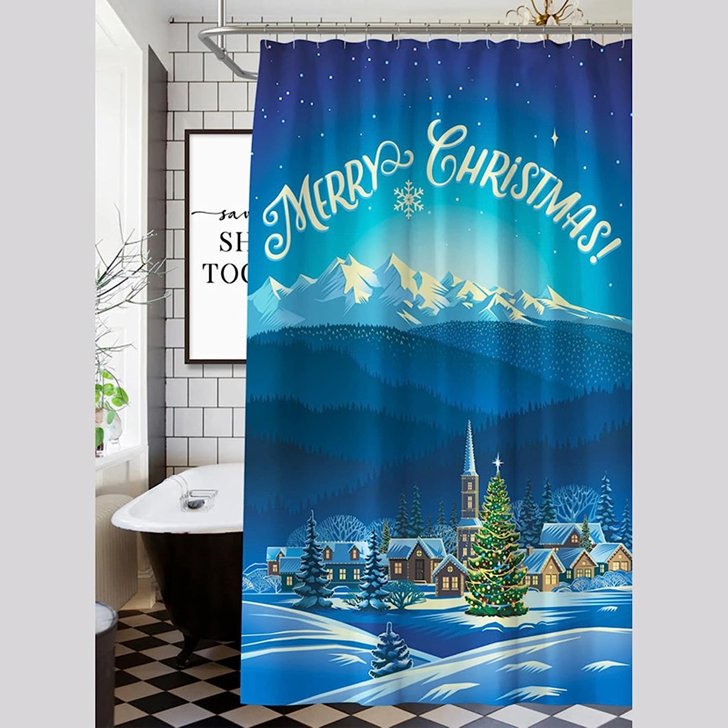 Blue Pattern Trees Snowflake Shower Curtain For Bathroom, Snowy Houses