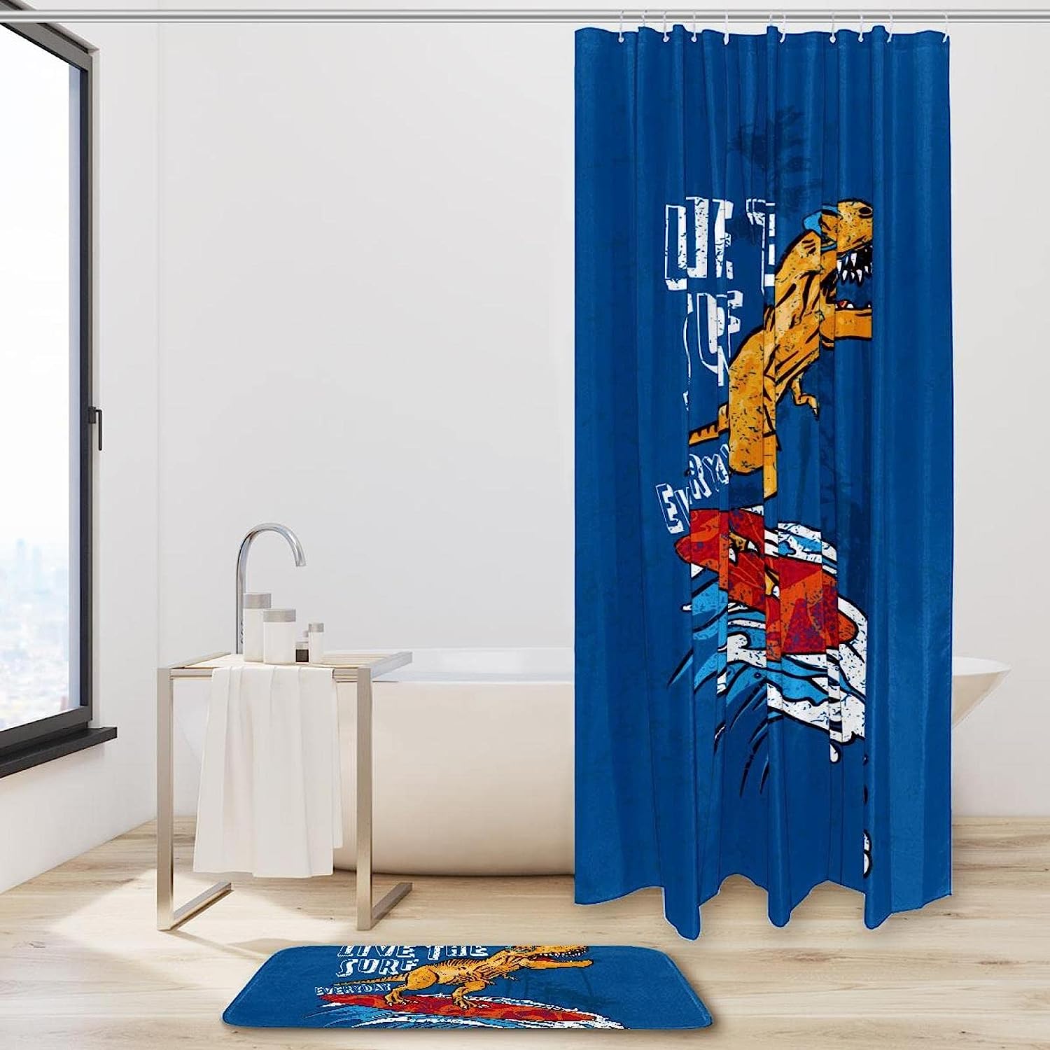 Blue Patterned Dinosaur Shower Curtain That Adds Style And Fun To Your Bathroom - Image 2