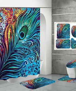 Blue Peacock Feather Waterproof Shower Curtain, Bathroom Decor