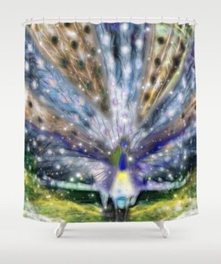 Blue Peacock Photo Shower Curtain with Bird Art Design - Full Size Bathroom Decor