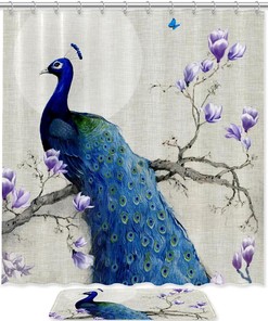 Blue Peacock With Magnolia Print Shower Curtain For Luxurious Bathroom Decor
