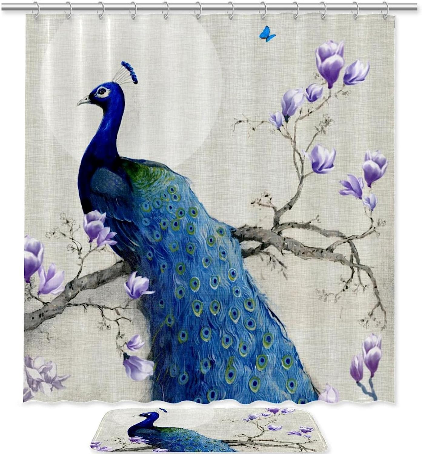 Blue Peacock With Magnolia Print Shower Curtain For Luxurious Bathroom Decor