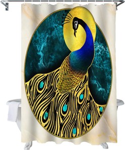 Blue Peacock with Abstract Marble Texture Print Shower Curtains for Bathroom Decor