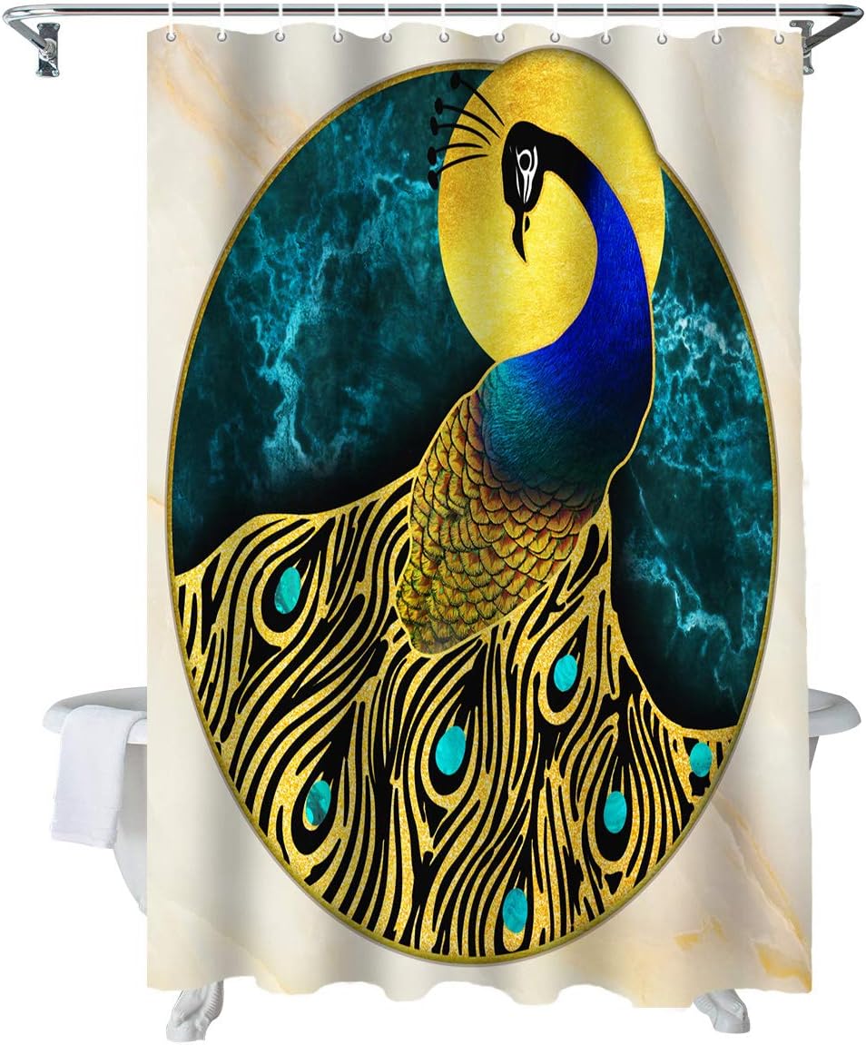 Blue Peacock with Abstract Marble Texture Print Shower Curtains for Bathroom Decor