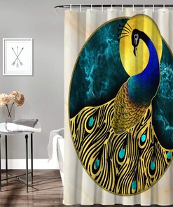 Blue Peacock with Abstract Marble Texture Print Shower Curtains for Bathroom Decor