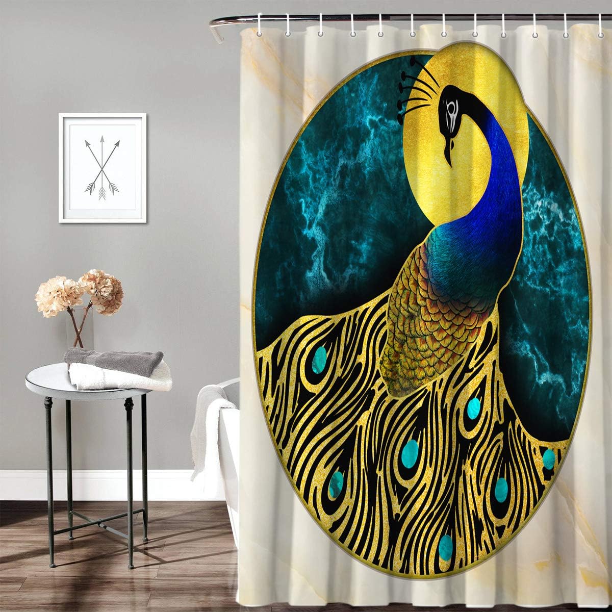 Blue Peacock with Abstract Marble Texture Print Shower Curtains for Bathroom Decor
