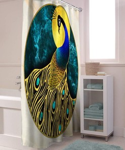 Blue Peacock with Abstract Marble Texture Print Shower Curtains for Bathroom Decor