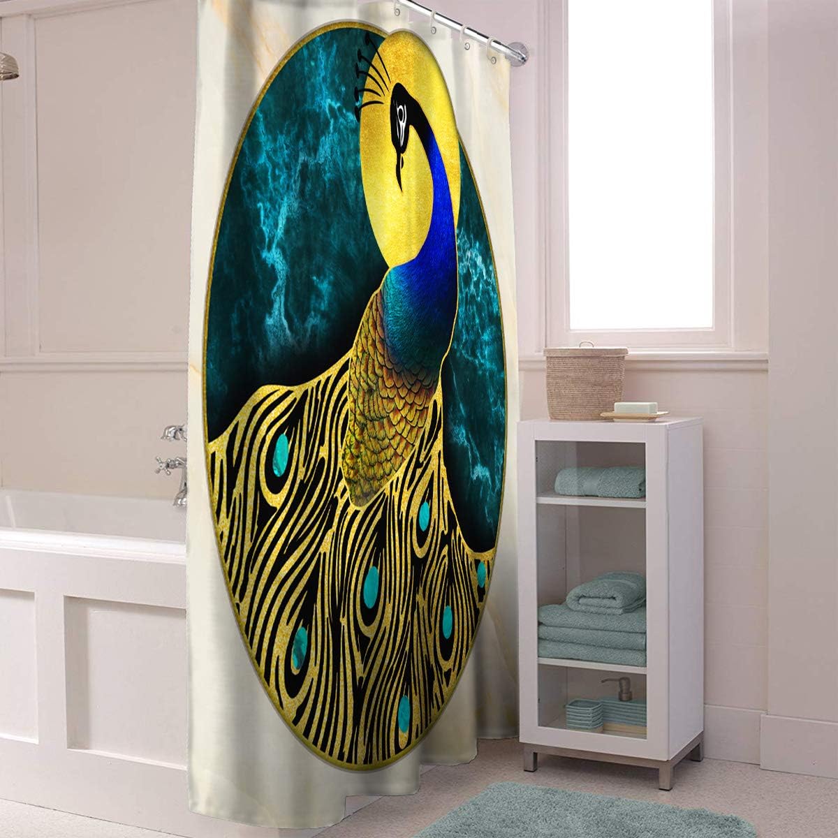 Blue Peacock with Abstract Marble Texture Print Shower Curtains for Bathroom Decor