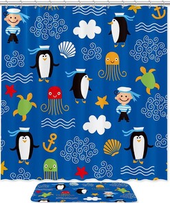 Blue Penguin Octopus Anchor Pattern Waterproof Fabric Shower Curtain, Bathroom Curtain, Marine Life