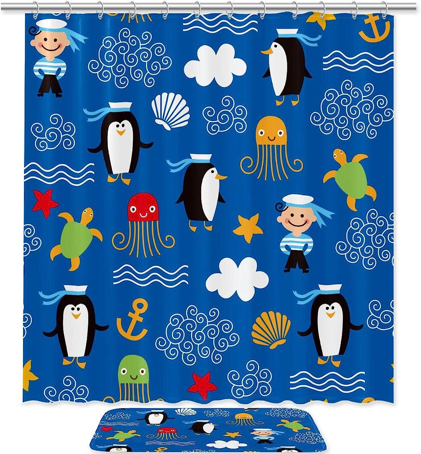 Blue Penguin Octopus Anchor Pattern Waterproof Fabric Shower Curtain, Bathroom Curtain, Marine Life