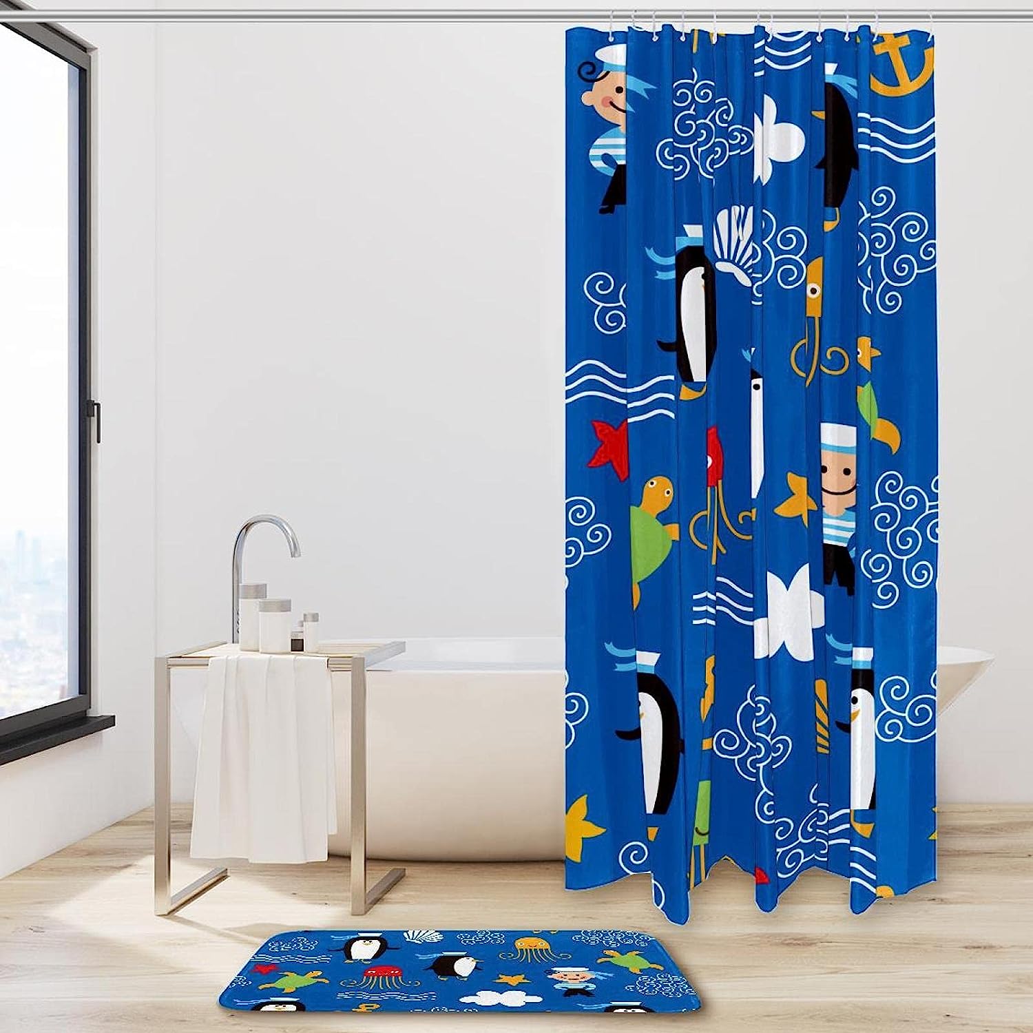 Blue Penguin Octopus Anchor Pattern Waterproof Fabric Shower Curtain, Bathroom Curtain, Marine Life - Image 2