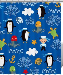 Blue Penguin Sailor Octopus Anchor Pattern Shower Curtain, Fabric Bath Curtain, Marine Life Bathroom Decor