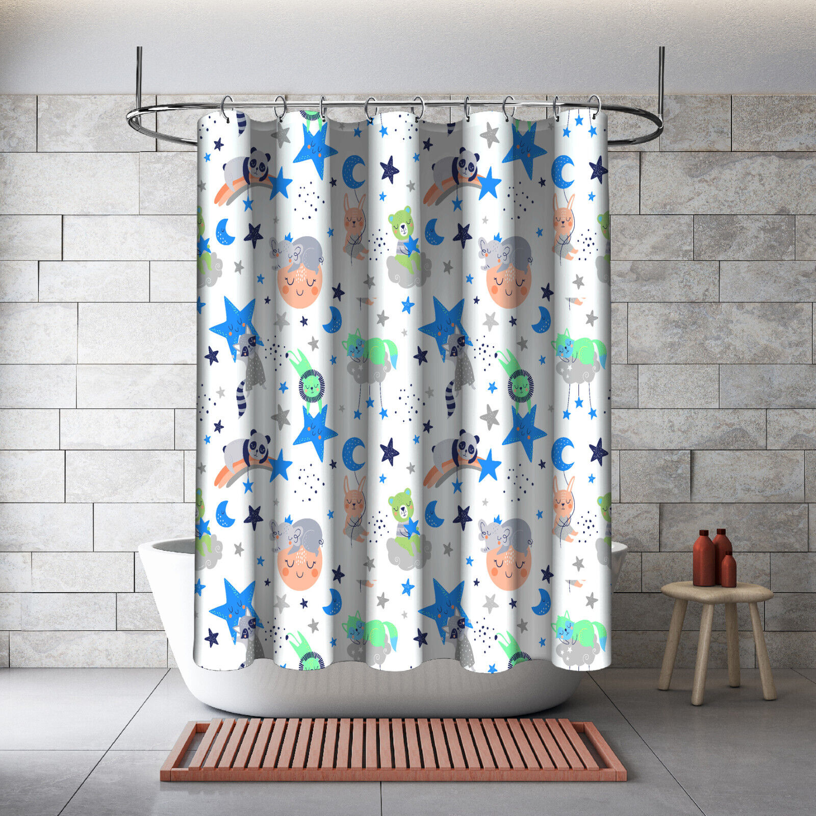Blue Penguin and Moon Print Kids Shower Curtain for a Playful and Adorable Bathroom