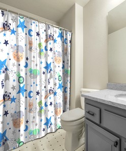 Blue Penguin and Moon Print Kids Shower Curtain for a Playful and Adorable Bathroom