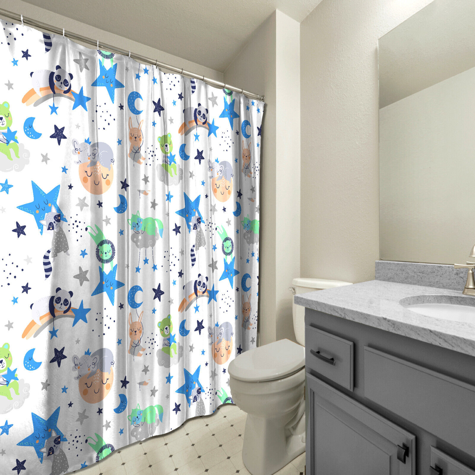 Blue Penguin and Moon Print Kids Shower Curtain for a Playful and Adorable Bathroom