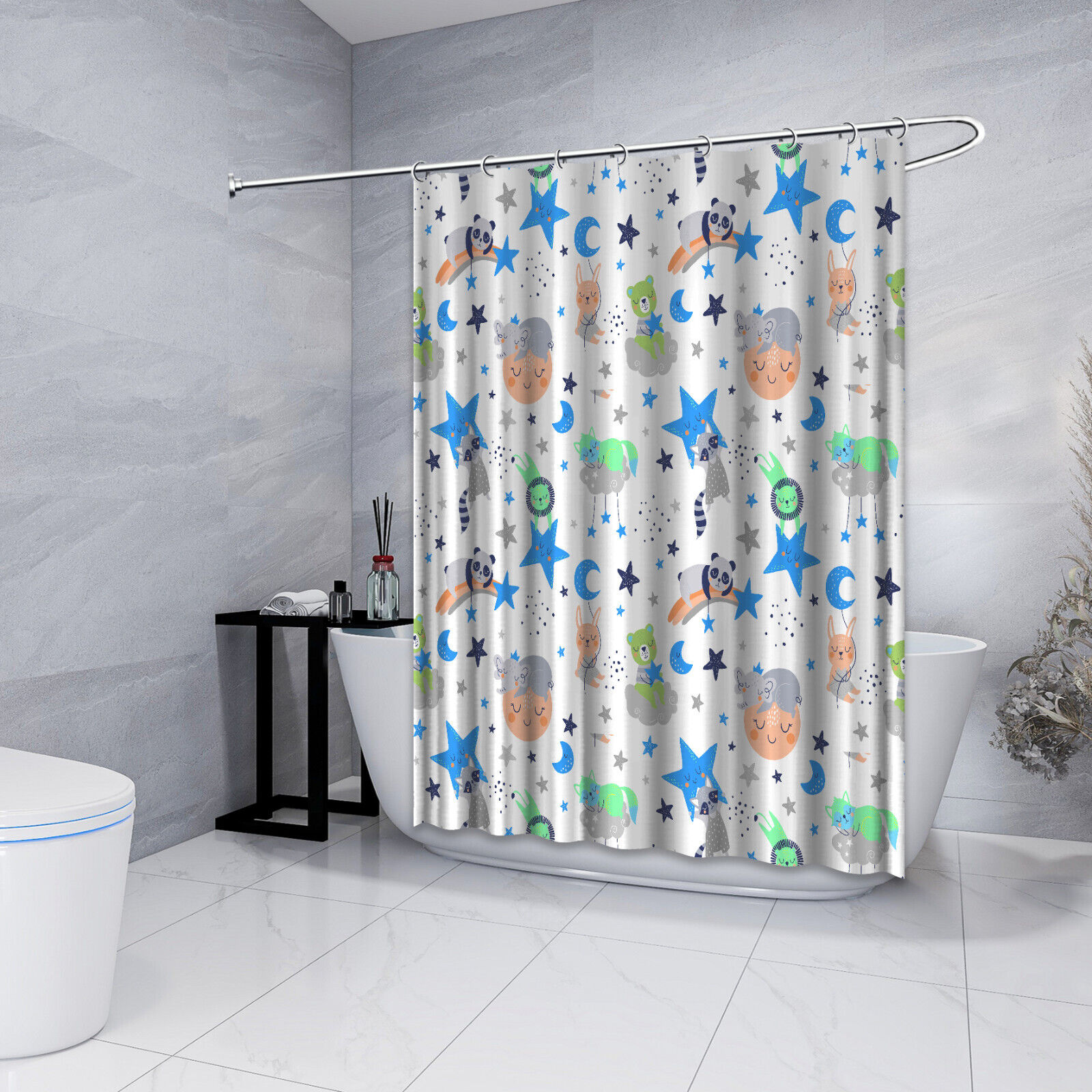 Blue Penguin and Moon Print Kids Shower Curtain for a Playful and Adorable Bathroom