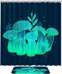 Blue Pink Mushroom Bathroom Set With Waterproof Fabric Shower Curtain