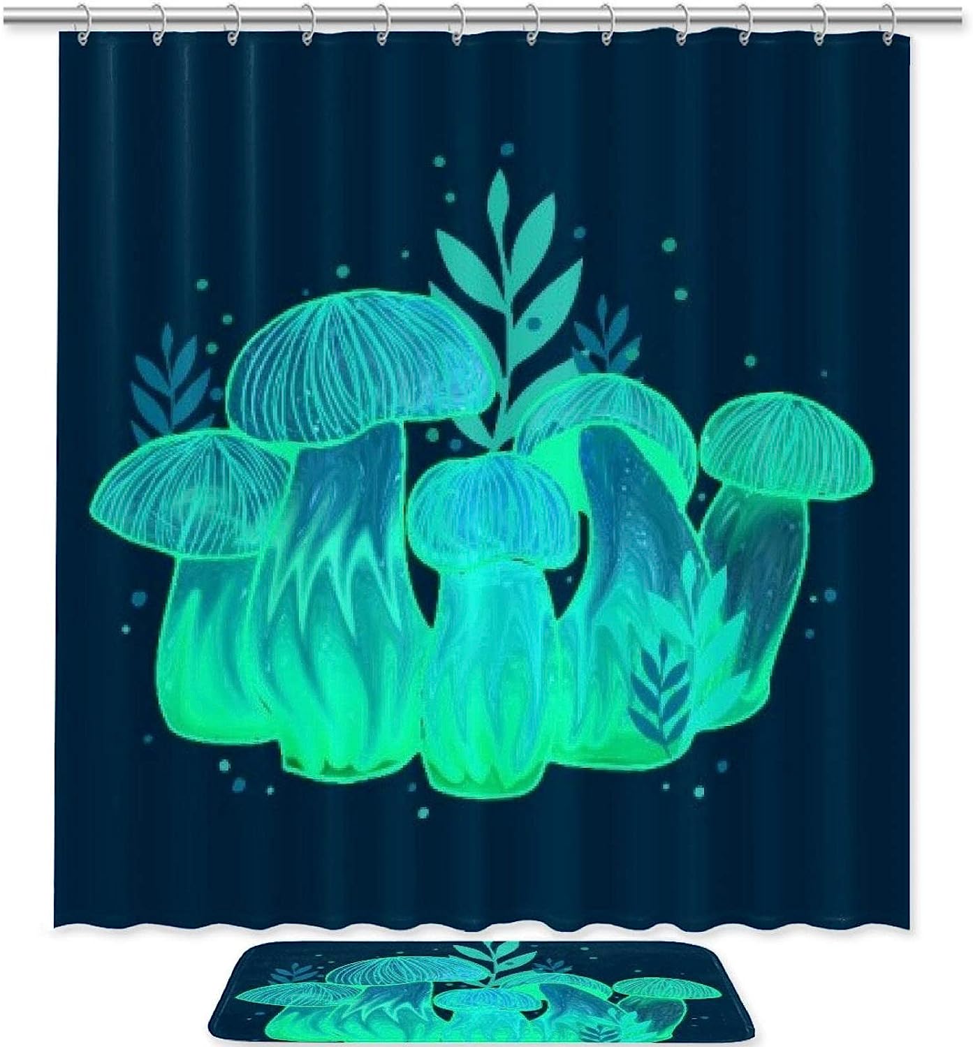 Blue Pink Mushroom Bathroom Set With Waterproof Fabric Shower Curtain