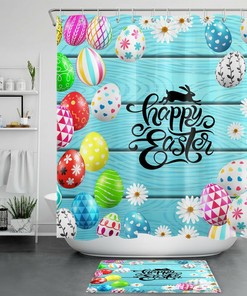 Blue Planks Daisy Flower Egg Shower Curtain With Happy Easter Greeting
