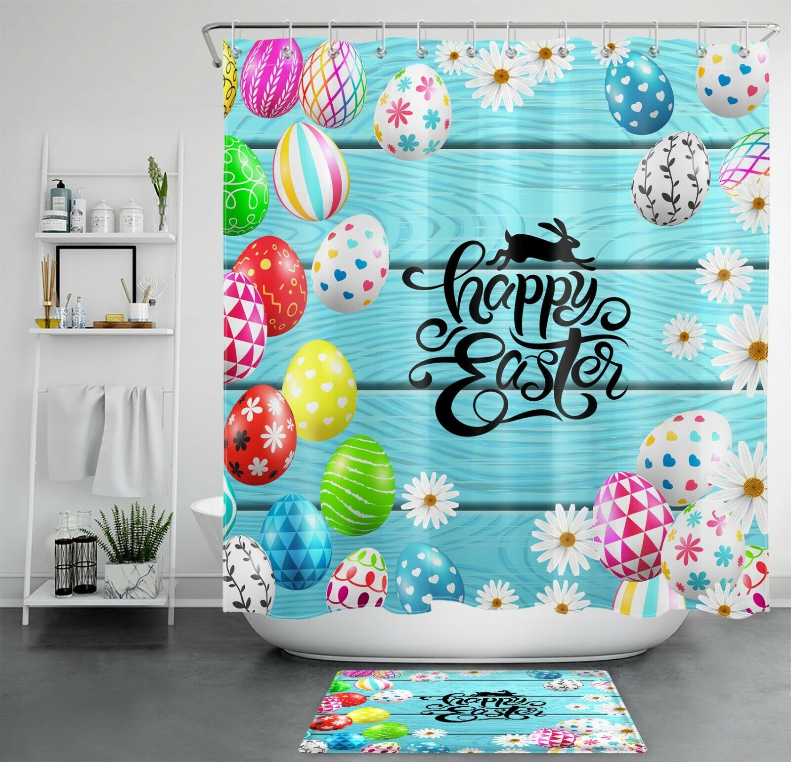 Blue Planks Daisy Flower Egg Shower Curtain With Happy Easter Greeting