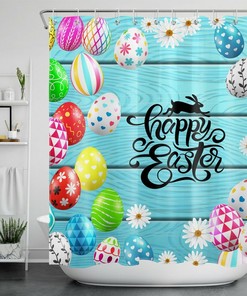 Blue Planks Daisy Flower Egg Shower Curtain With Happy Easter Greeting