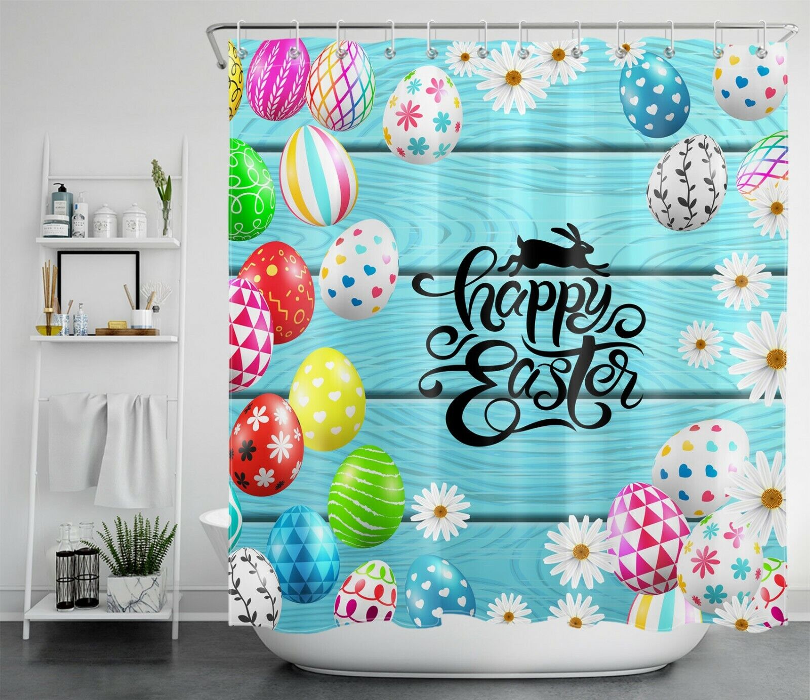 Blue Planks Daisy Flower Egg Shower Curtain With Happy Easter Greeting