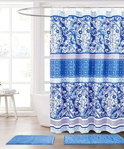 Blue Purple Boho Fabric Shower Curtain, Floral Damask Geometric Border Design, Bathroom Decor