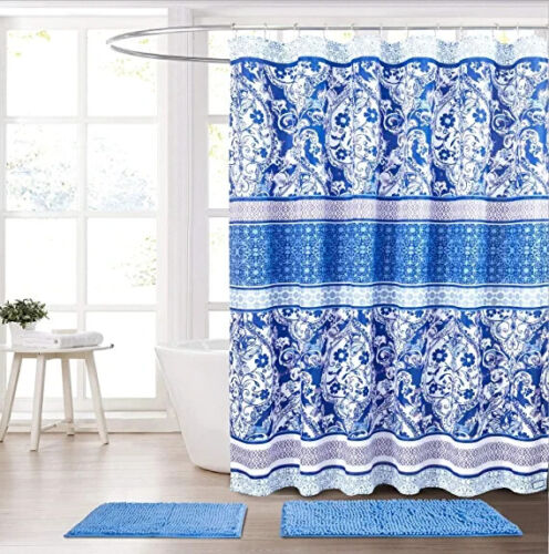 Blue Purple Boho Fabric Shower Curtain, Floral Damask Geometric Border Design, Bathroom Decor