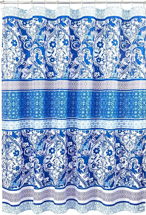 Blue Purple Boho Fabric Shower Curtain, Floral Damask Geometric Border Design, Bathroom Decor - Image 2