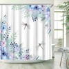 Blue Purple Flower Dragonfly Shower Curtain, Spring Blooming Floral Leaves Rustic Garden Scenery