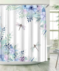 Blue Purple Flower Dragonfly Shower Curtain, Spring Blooming Floral Leaves Rustic Garden Scenery