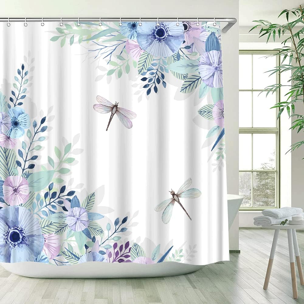 Blue Purple Flower Dragonfly Shower Curtain, Spring Blooming Floral Leaves Rustic Garden Scenery