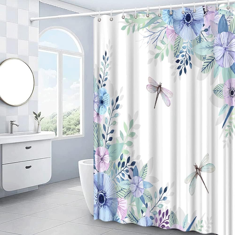 Blue Purple Flower Dragonfly Shower Curtain, Spring Blooming Floral Leaves Rustic Garden Scenery - Image 2