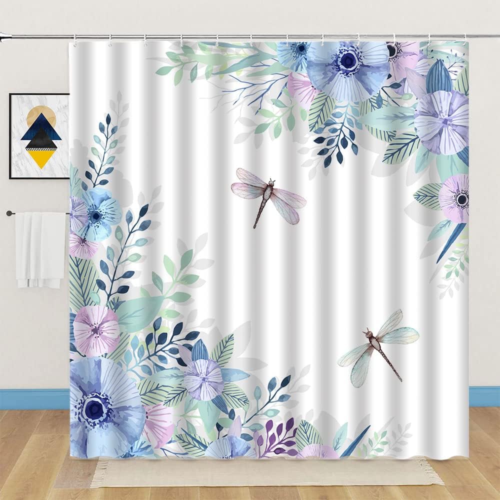Blue Purple Flower Dragonfly Shower Curtain, Spring Blooming Floral Leaves Rustic Garden Scenery - Image 3