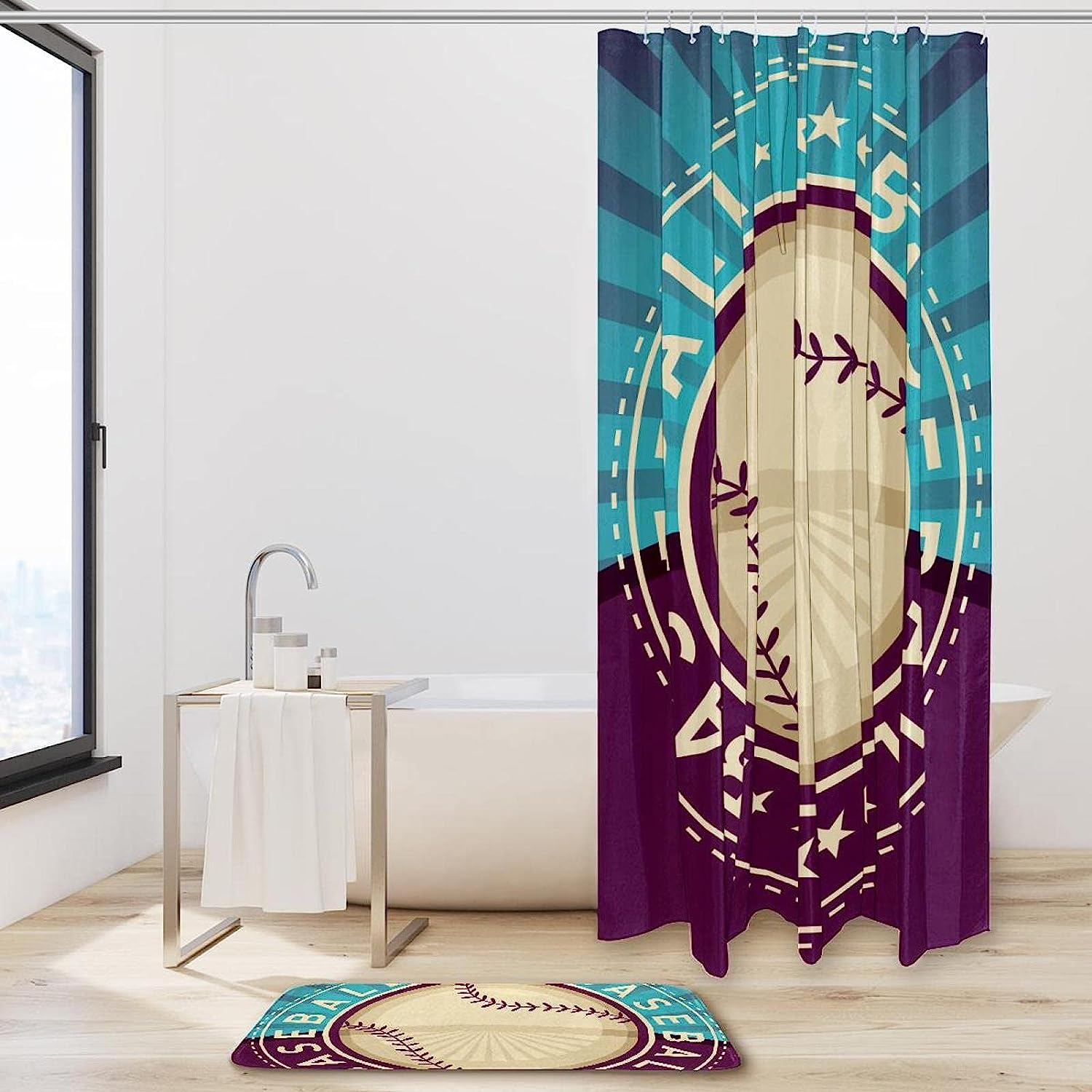 Blue Purple Sport Ball Waterproof Shower Curtain For Bathroom - Image 2