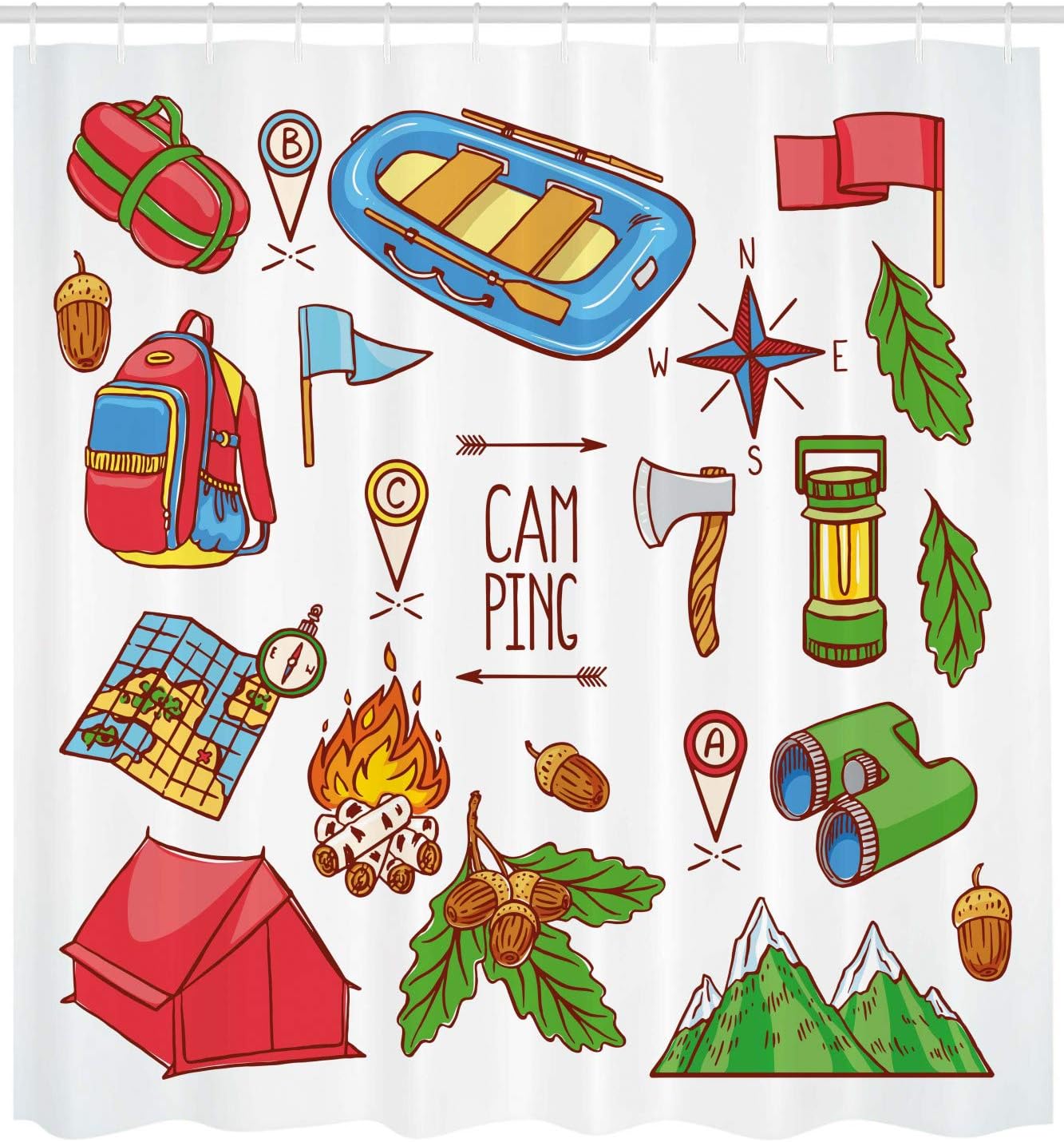Blue Red Camping Lifestyle Equipment Boat Compass Map Ax Tent Tourism Illustration Camper Shower Curtain - Image 2